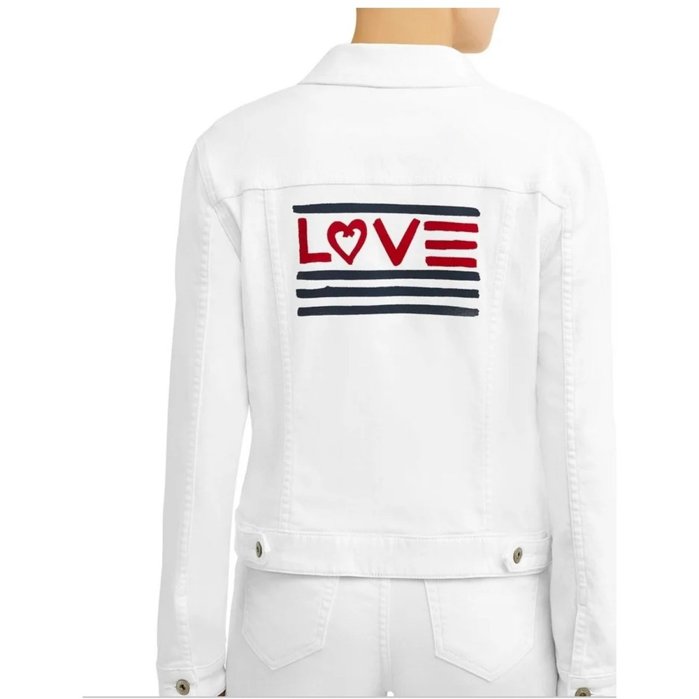 EV1 Women Graphic Denim Jacket‎ Love Flag White 2XL Jean Button Front Pockets